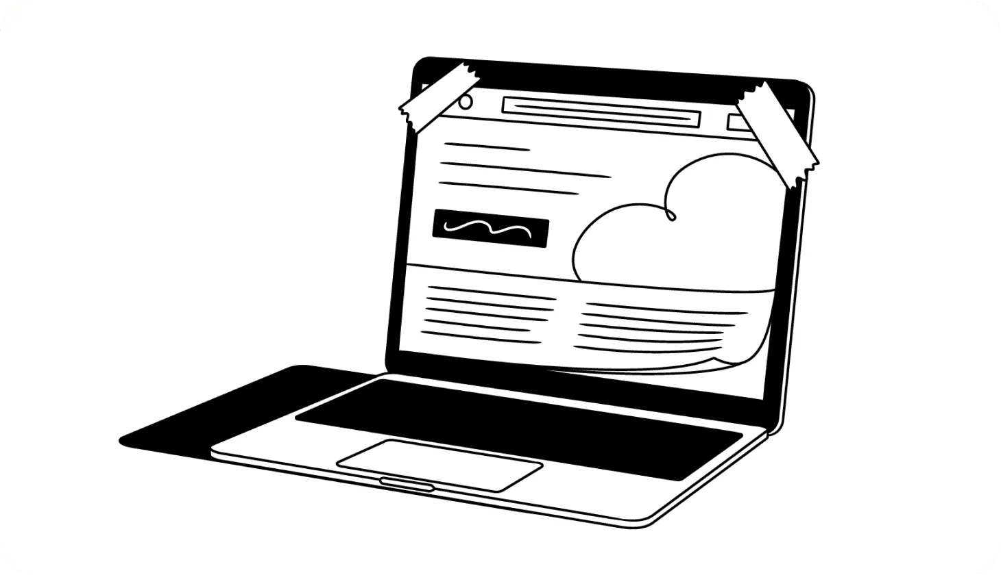 Illustration of an open laptop with a print out of a fake website taped over the screen
